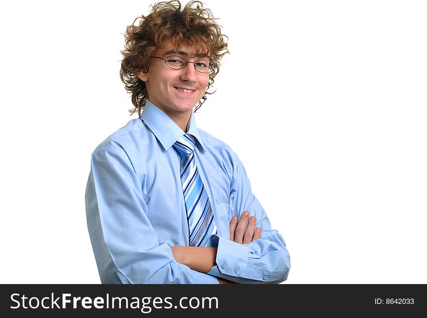 Portrait of young businessman with arms crossed, white background. Portrait of young businessman with arms crossed, white background