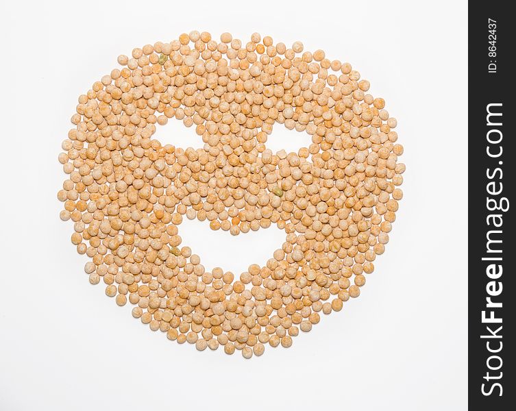 A person is with a smile from a pea on a white background