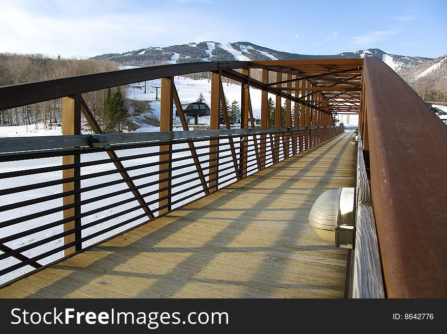 Bridge leading to a ski resort in Vermont, USA.