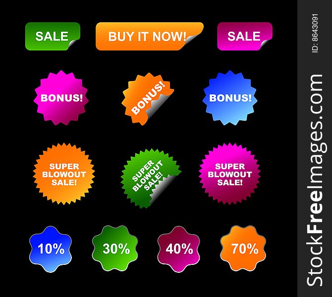 Colorful stickers on black background, sale concept. Colorful stickers on black background, sale concept