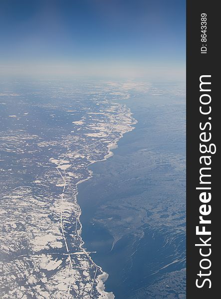 Aerial view of the US coast line in the winter. Aerial view of the US coast line in the winter