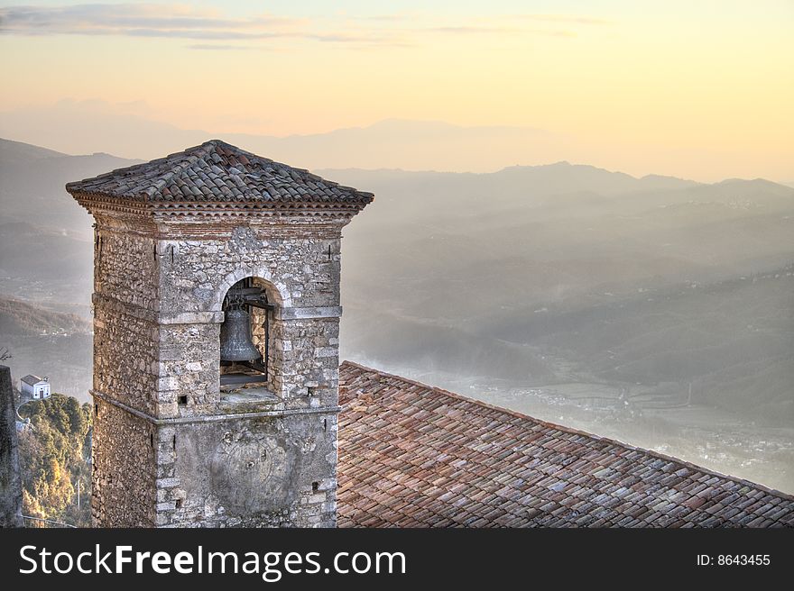 A bell tower in Cervara, a small characteristic village not far from Rome