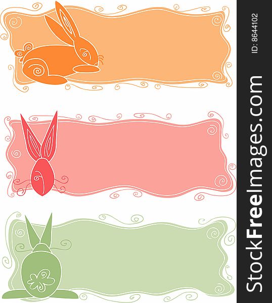 Swirly wavy stylized panels with bunnies as the main focus use blank areas for text. Swirly wavy stylized panels with bunnies as the main focus use blank areas for text