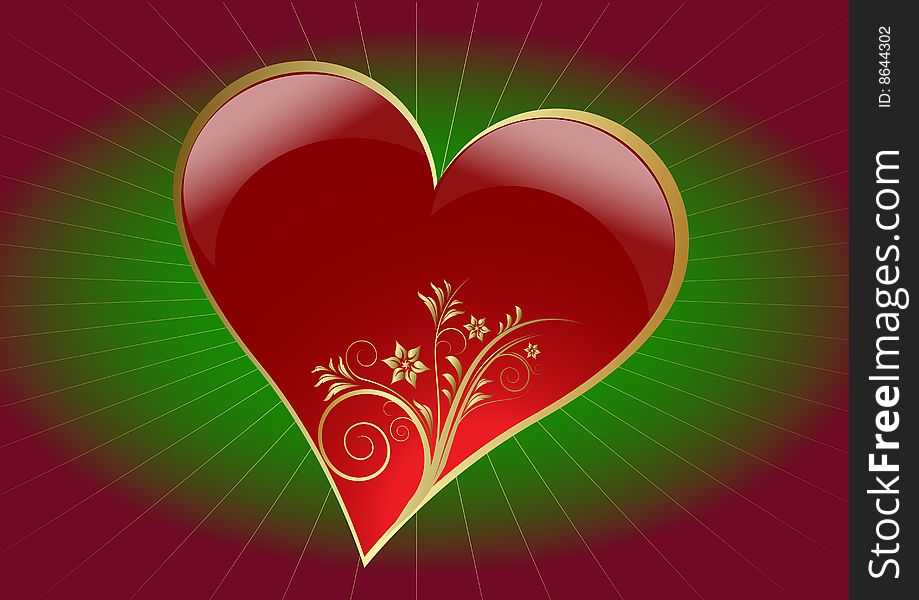 valentine golden heart with  red and green color background vector