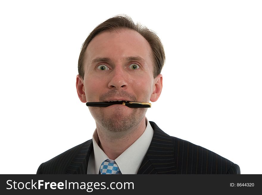 Joy businessman with pensil into mouth