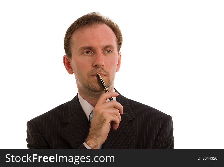 Businessmen hold by pen and think