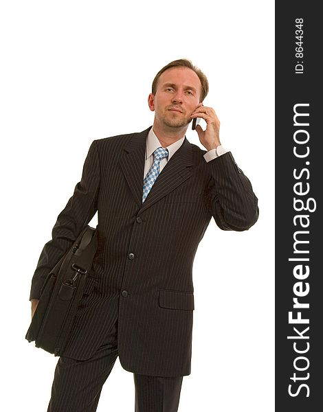 Businessmen with bag talk by phone