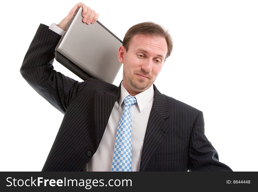 Businessman with laptop look down