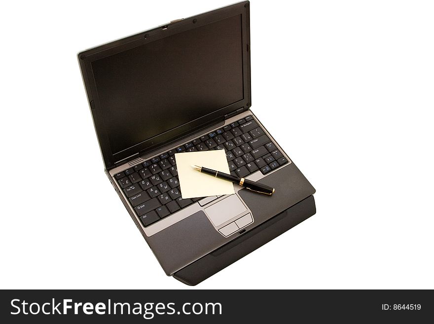 Laptop, pen and note isolated. Laptop, pen and note isolated