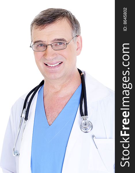 Portrait of happy laughing mature male doctor with stethoscope