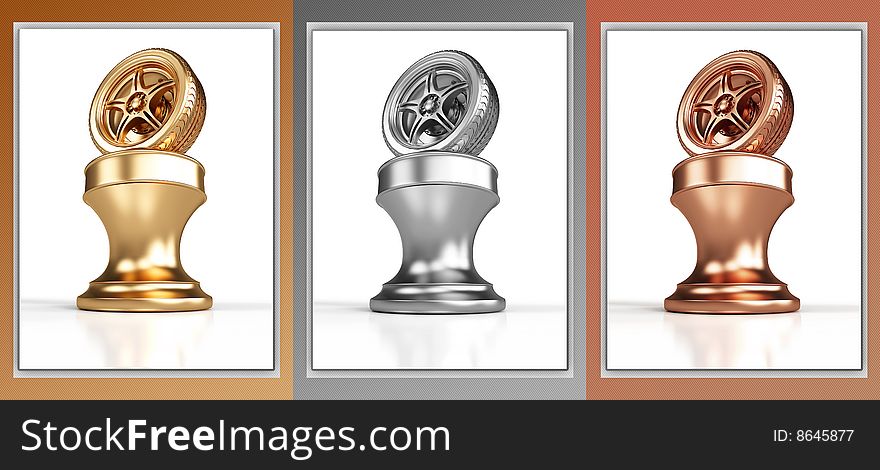 Collection of gold, silver and bronze wheel awards isolated on white background