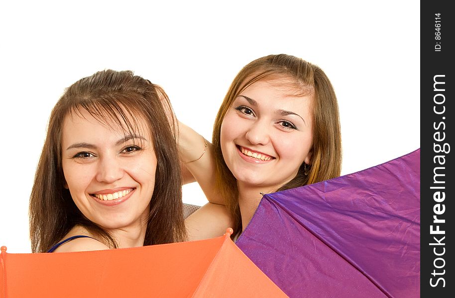 Two girl with umbrella laugh