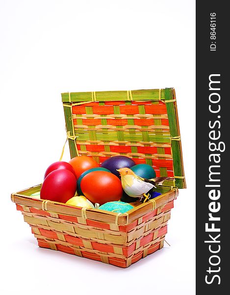 Colorful easter eggs in box isolated on white background