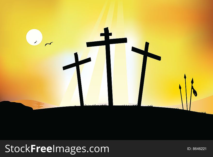 Sunset scene with three crosses. Vector illustration. Sunset scene with three crosses. Vector illustration