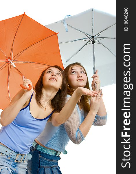 Two girl with color umbrella. Two girl with color umbrella