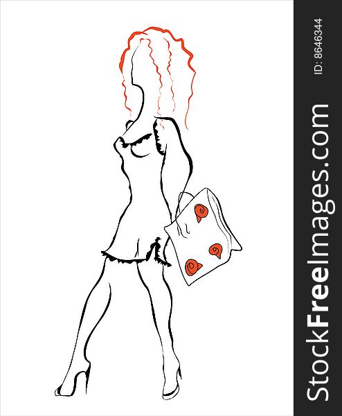 A vector silhouette of a girl walking with a bag. A vector silhouette of a girl walking with a bag