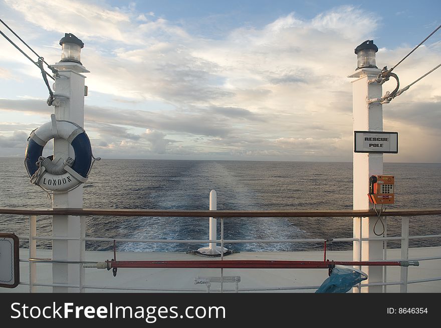 South pacific cruise....lifebuoy and rescue pole at stern of ship