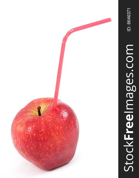 Red apple with straw on isolated