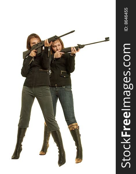 Two models and two rifle. Two models and two rifle