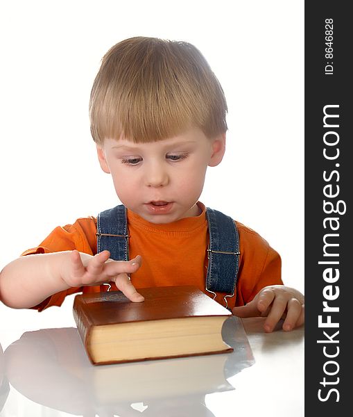 The boy with books on the white background