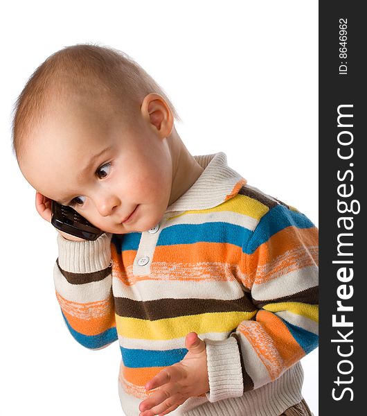 Little boy talking on phone, isolated on white