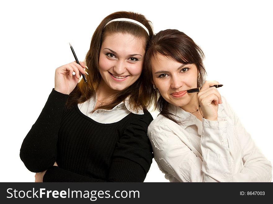 Two young businesswomens stand up together