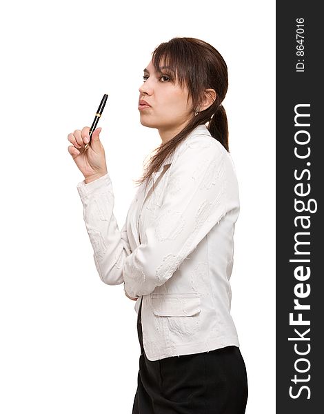 Young businesswomen with pen look forward
