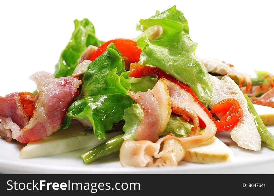 Salad with Thin Meat, Vegetable Leaf, Bean and Cheese. Isolated on White Background. Salad with Thin Meat, Vegetable Leaf, Bean and Cheese. Isolated on White Background