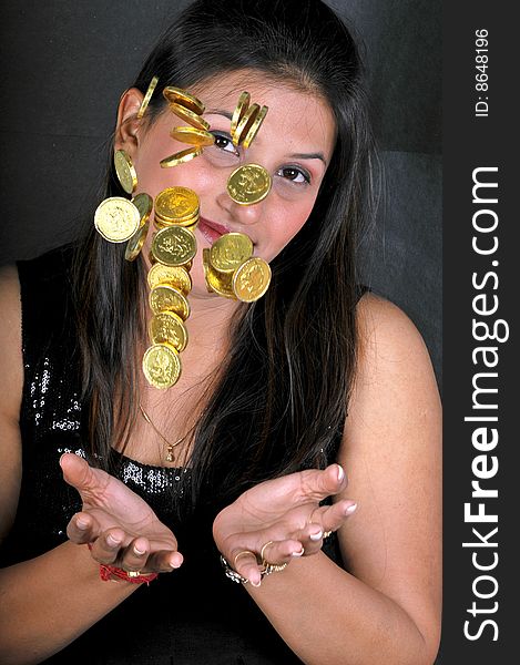 Girl catching the gold coins. Girl catching the gold coins.