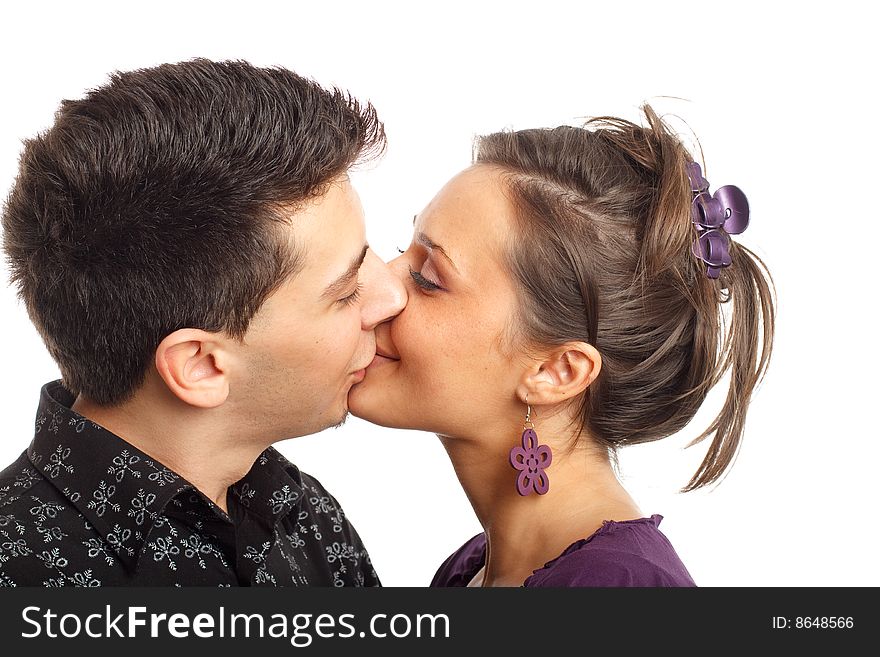 Happy young couple having fun, isolated on white