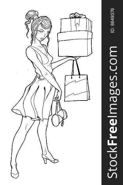 Girl with shopping bags. Contour illustration. Girl with shopping bags. Contour illustration.