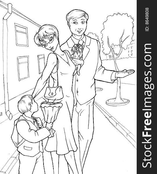 Mother and father are leading a little boy at school. It’s a first day at school. The boy is holding a bunch of flowers for his first teacher. Contour illustration. Mother and father are leading a little boy at school. It’s a first day at school. The boy is holding a bunch of flowers for his first teacher. Contour illustration.