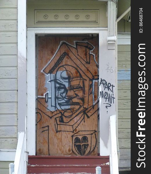 Brown, Wood, Fixture, Door, Art, Graffiti