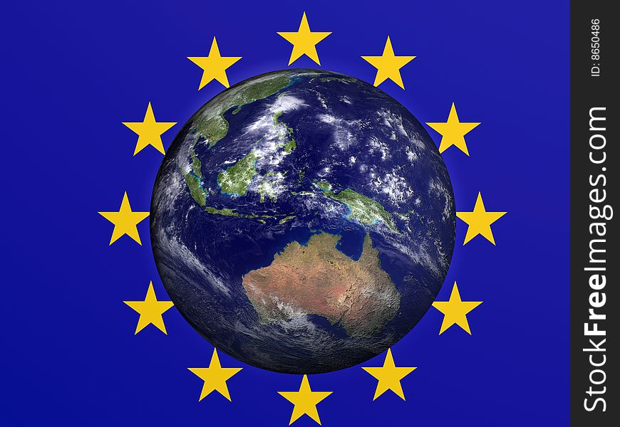 3D Photorealistic Earth with European flag on the background. Computer generated. 3D Photorealistic Earth with European flag on the background. Computer generated.