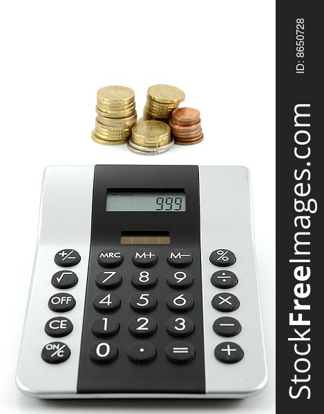 Calculator and money against white background