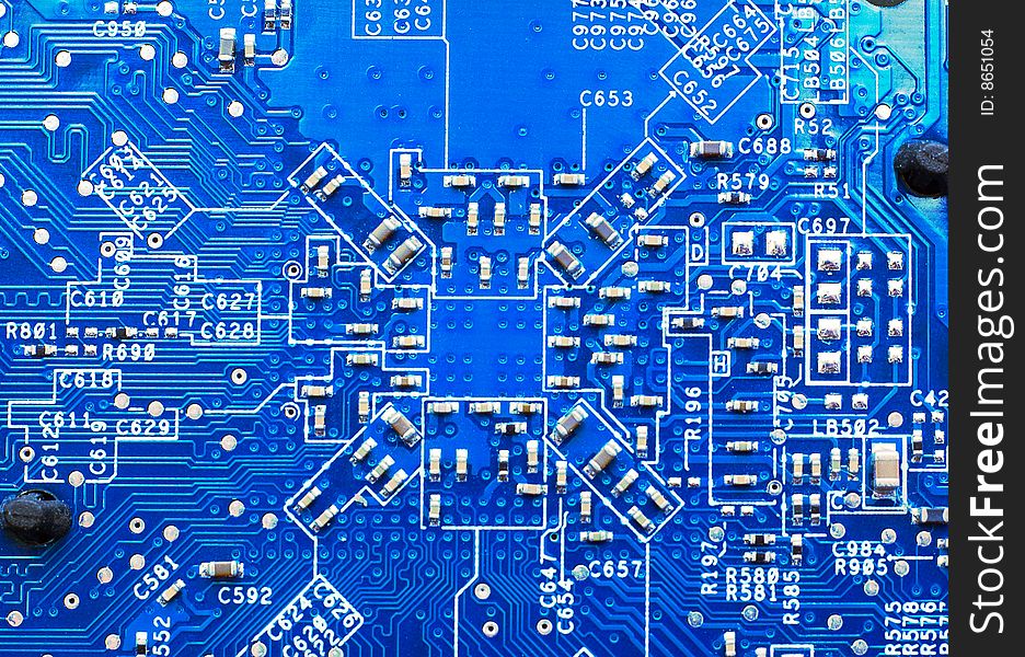 Blue circuit surface macro front view
