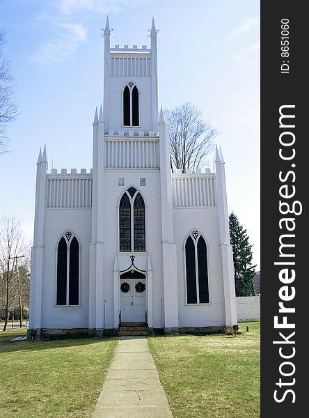 Little old white church in rural town