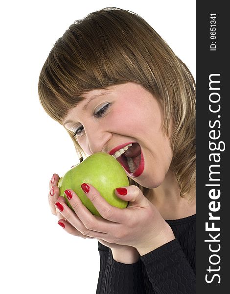 Young beauty woman eating juicy green apple. Young beauty woman eating juicy green apple