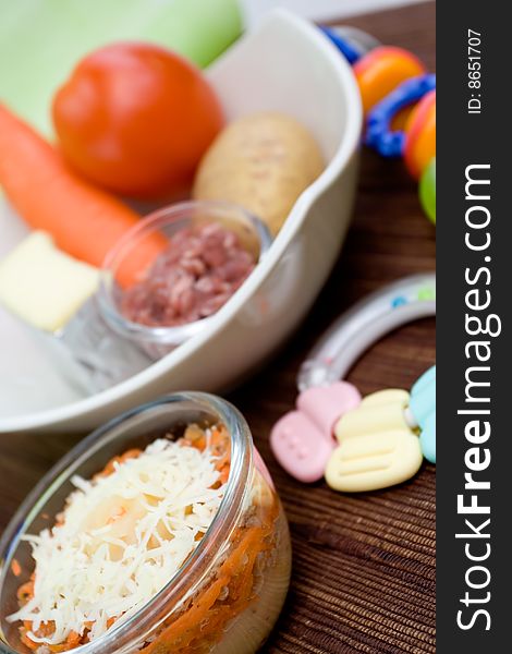 Domestic recipe of healthy baby food complete with ingredients