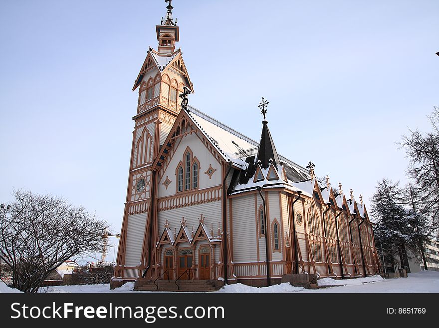 Beautiful wooden church in the town Kajaani, Finland