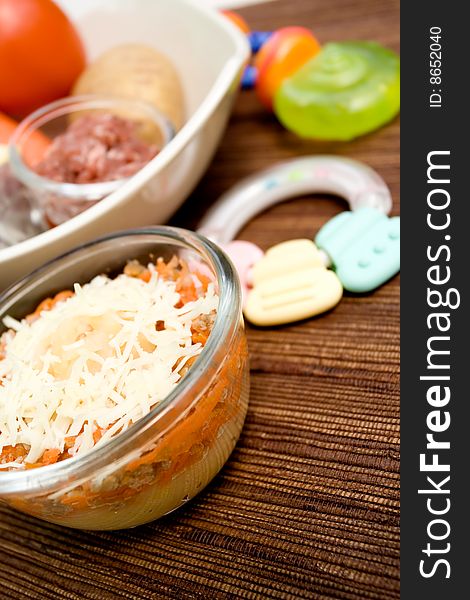 Domestic recipe of healthy baby food complete with ingredients