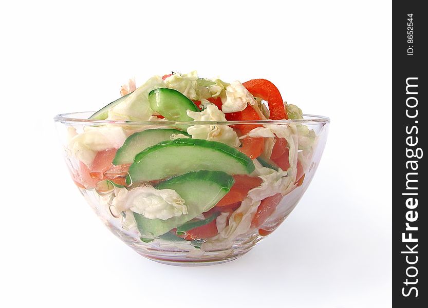 Fresh vegetable salad with tomato and cucumber isolated on white background