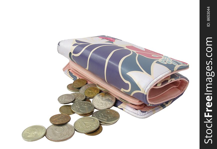 Women's purse with coins on a white background