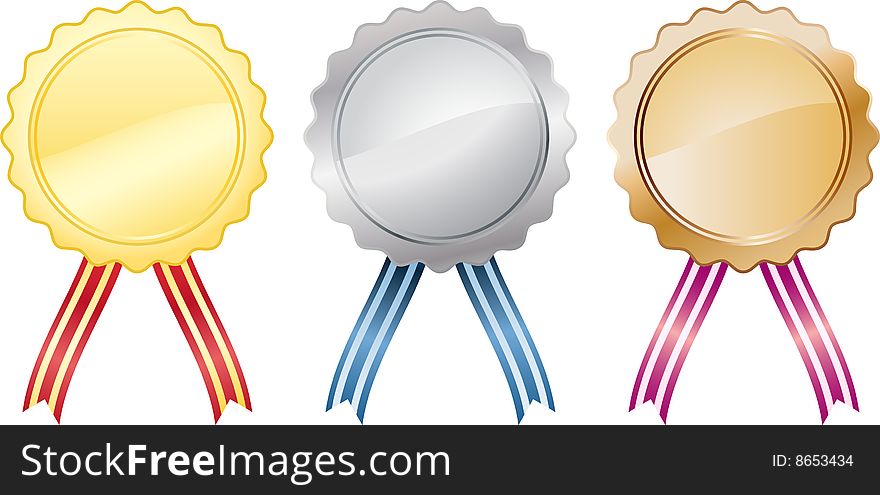 Three medals with ribbons - gold, silver and bronze