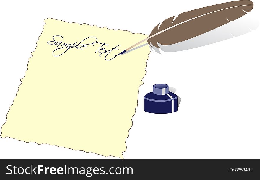 Piece of parchment with quill and inkpot on white background. Vector illustration.