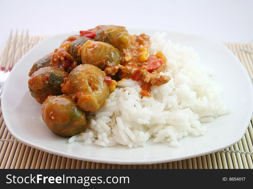 A meal of fresh brussels and rice. A meal of fresh brussels and rice