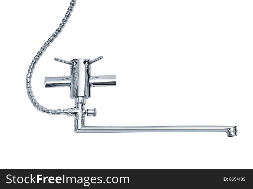 Modern metal faucet on a white background