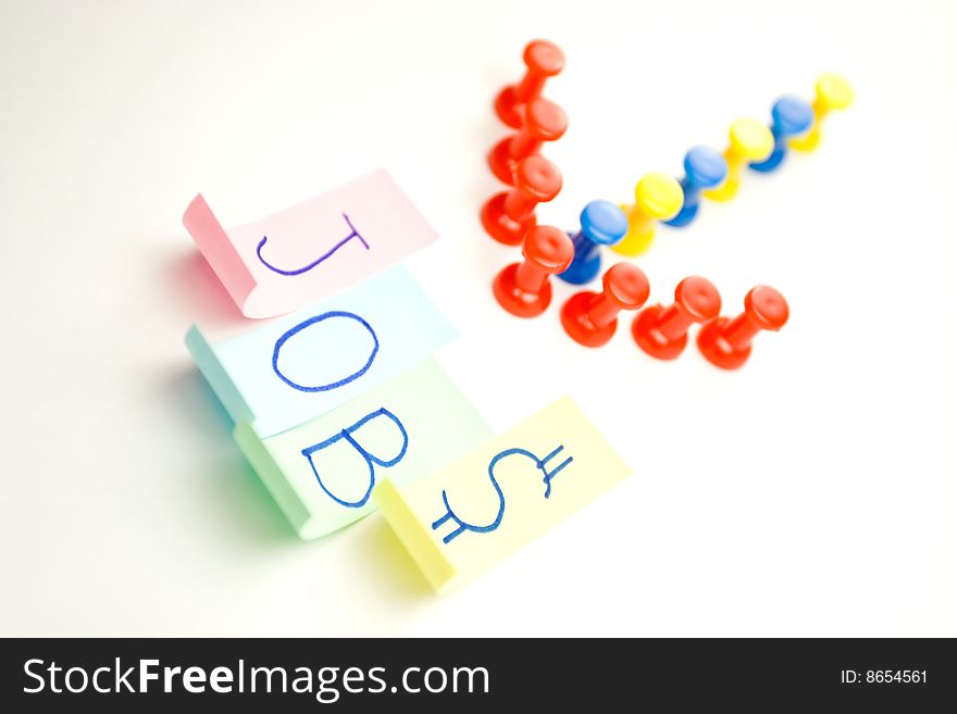 Conceptual image of arrow sign pointing to a word JOBS. Conceptual image of arrow sign pointing to a word JOBS