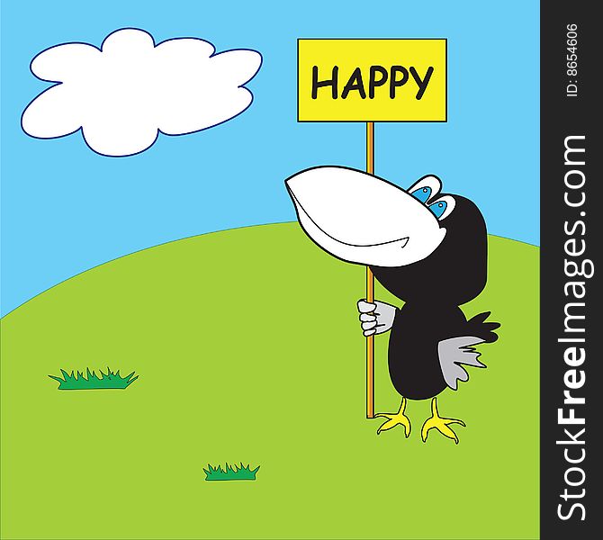 Very happy cartoon raven stands on a green lawn with a congratulatory poster. Very happy cartoon raven stands on a green lawn with a congratulatory poster