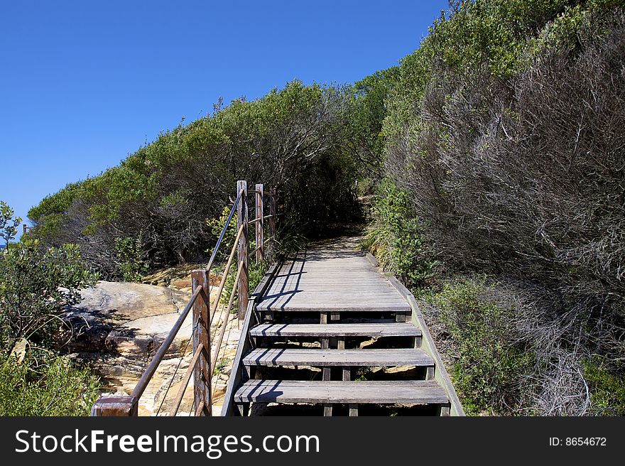 Stairs up a wooden-deck trail in the Australian outback